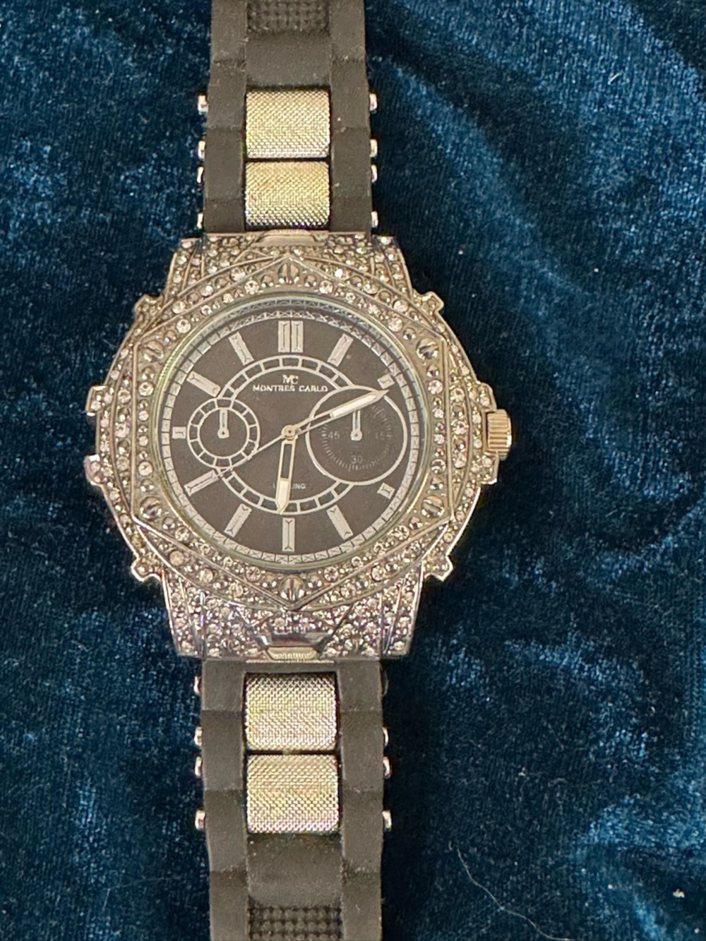 Montres Carlo Crystal-Embellished Black Dial Watch